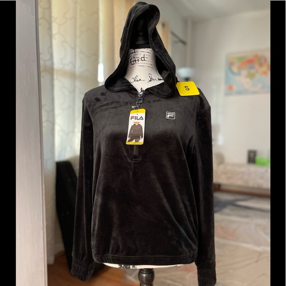 NWT Women’s Size Small Fila Velour Half-Zip Fleece Logo Print Hoodie In Black - Picture 5 of 12
